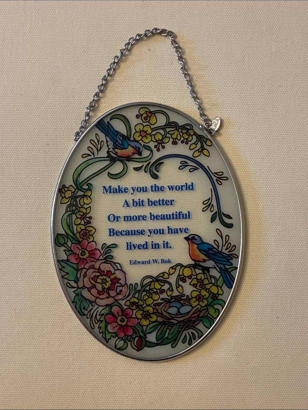 Floral Bluebird Inspirational Oval Wall Hanging - Blue